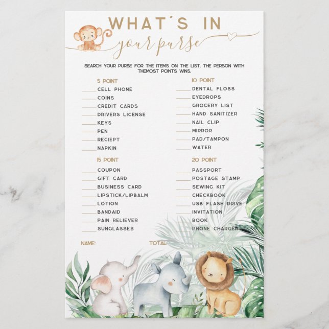 Lámina Animal Safari Baby Lo que hay en tu bolso (Anverso)