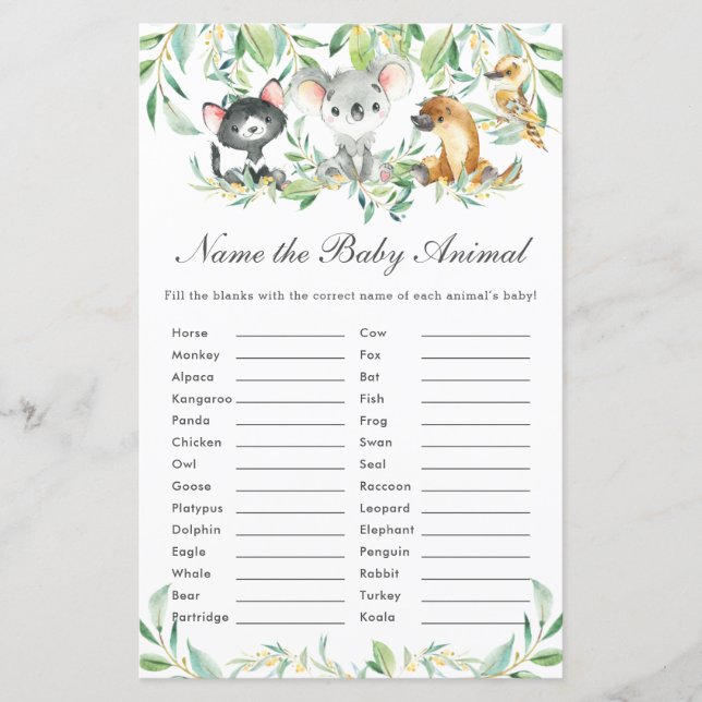 Lámina Animales australianos nombran juego de diversión p (Anverso)