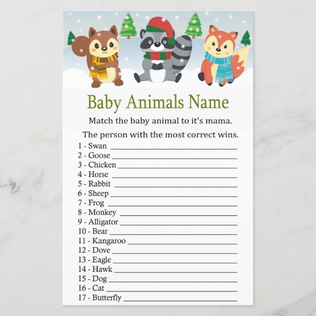 Lámina animales de bosque de invierno Bebé Animales Nombr (Anverso)