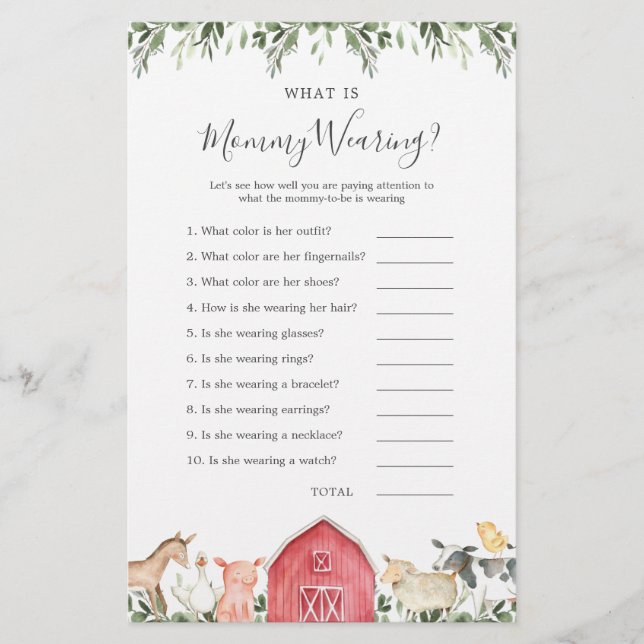 Lámina Animales de granja Baby Shower Lo que está usando  (Anverso)