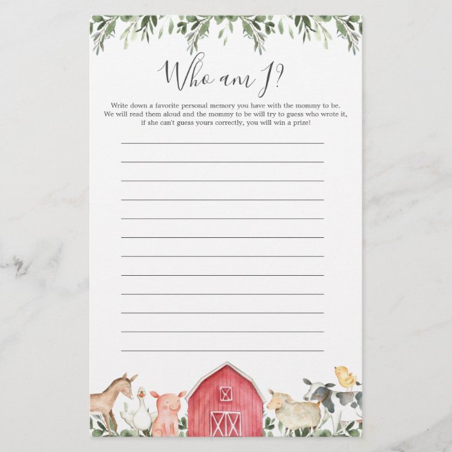 Lámina Animales de granja Baby Shower ¿Quién soy yo? (Anverso)