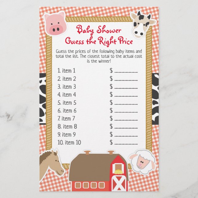 Lámina Animales de granja Baby Shower supongo juego de pr (Anverso)