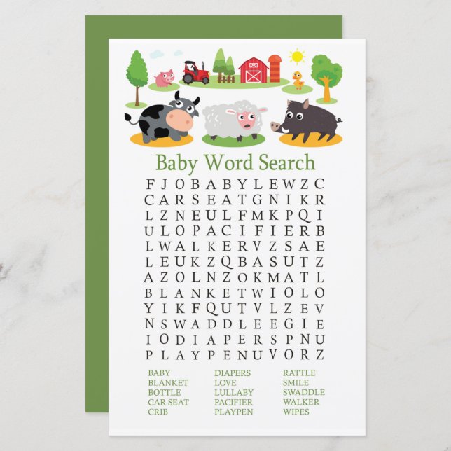 Lámina Animales de granja Baby Shower Word Search Game (Anverso / Reverso)