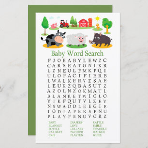 Lámina Animales de granja Baby Shower Word Search Game