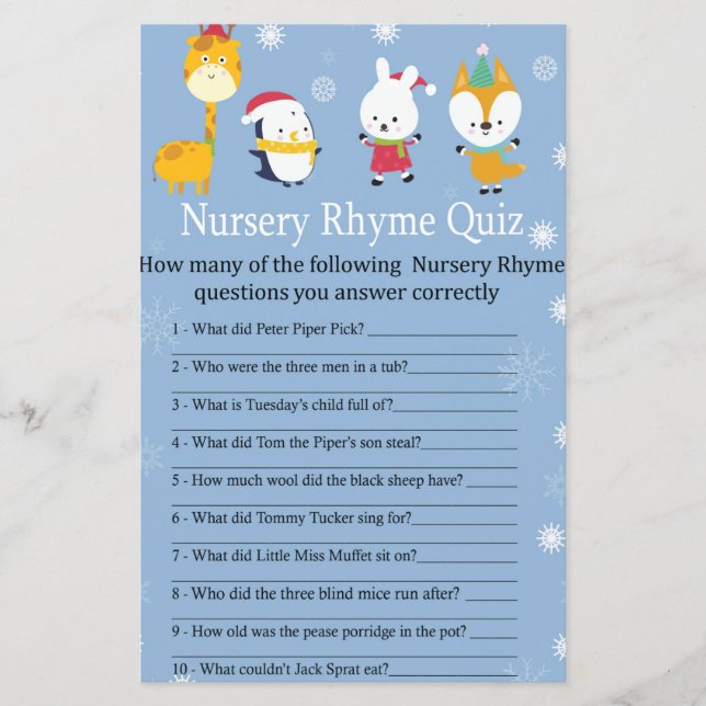 Lámina Animales de invierno Rhyme Prueba de Nursery juego (Anverso)