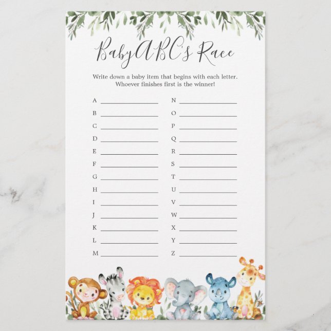 Lámina Animales de la jungla Juego de Raza de Baby Shower (Anverso)