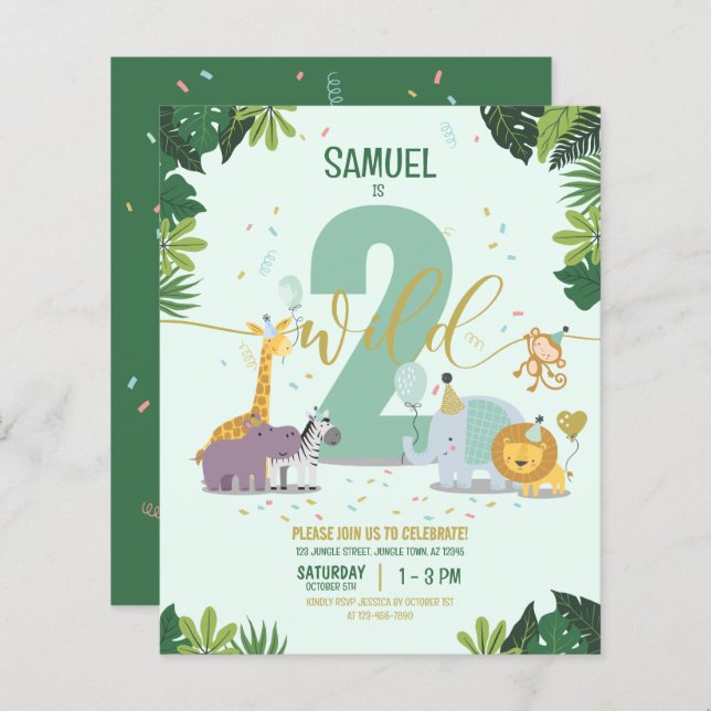 Lámina Animales de Safari Dos Invitaciones de cumpleaños  (Anverso / Reverso)