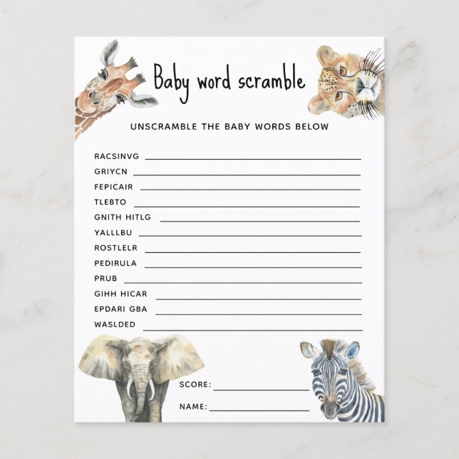 Lámina Animales de Safari - Palabras de Bebé (Anverso)