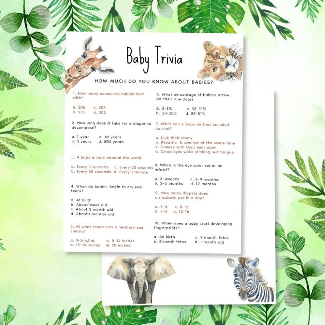 Lámina Animales de Safari Trivia bebé | Juego Baby Shower (Subido por el creador)