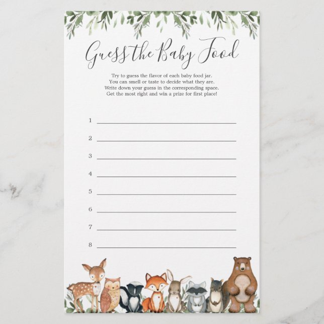Lámina Animales de Woodland Baby Shower Adivinan La Comid (Anverso)