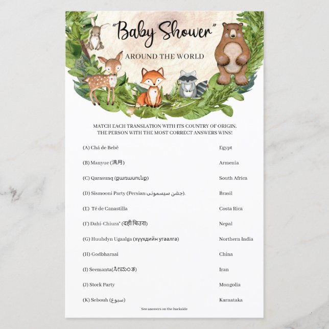 Lámina Animales de Woodland en Baby Shower alrededor del  (Anverso)