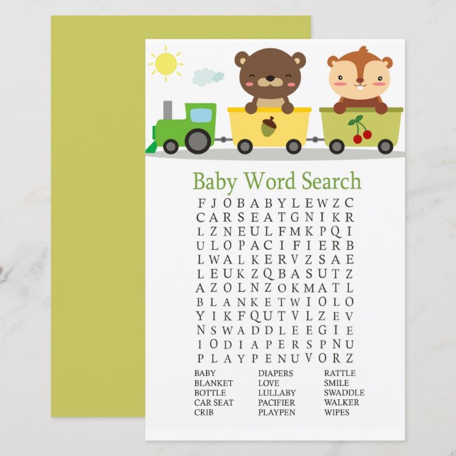 Lámina Animales entrenan en Baby Shower Word Search Game (Anverso / Reverso)