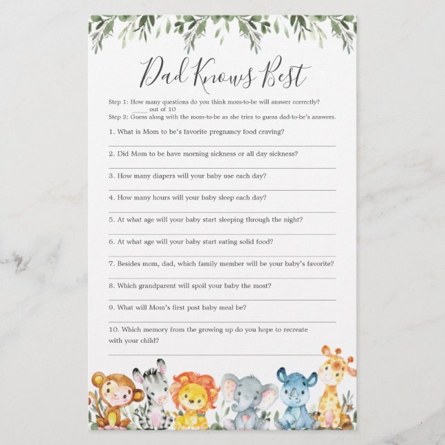Lámina Animales que Baby Shower Dad conoce a los mejores  (Anverso)