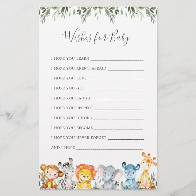 Lámina Animales Safari Que Baby Shower Desea Para El Bebé (Anverso)