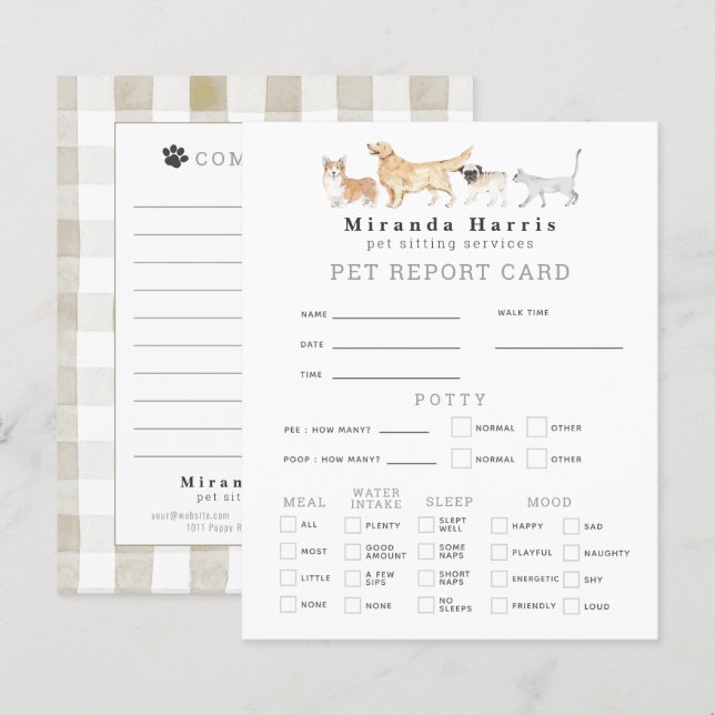 Lámina Animals Pet Sitter Dog Walker Pet Report Card (Anverso / Reverso)