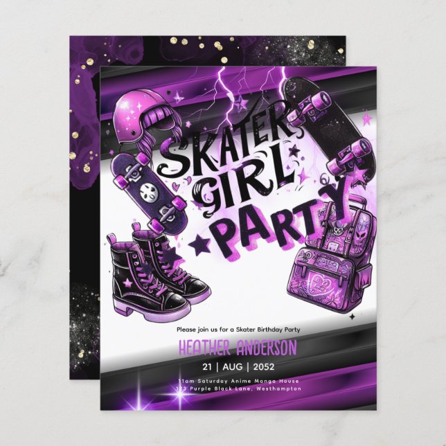 Lámina Anime Skater Chica Birday Party Skateboarding (Anverso / Reverso)