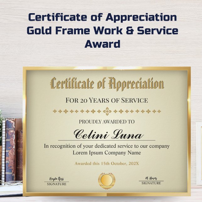 Lámina Años de certificado de servicio - Oro profesional (Certificate of Appreciation - Gold Frame Work & Service Award)