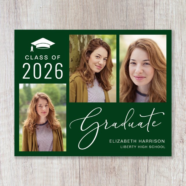 Lámina Anuncio de graduación de presupuesto 3 fotos verde (An elegant photo collage graduation announcement to celebrate the graduate's achievements)