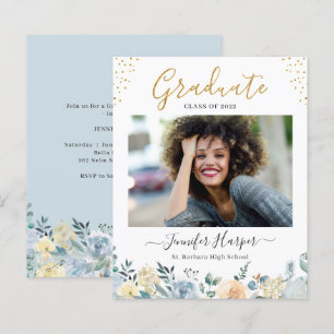 Lámina Anuncio de graduación floral azul polvoriento