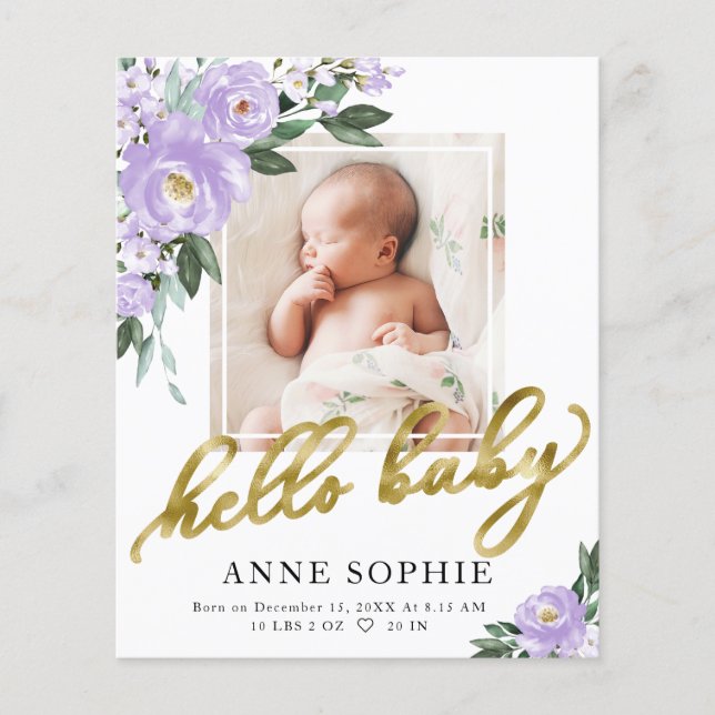 Lámina Anuncio de nacimiento morado floral gracias tarjet (Anverso)