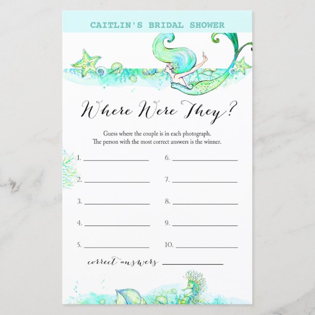 Lámina Aqua Mermaid Bridal Shower Game (Anverso)