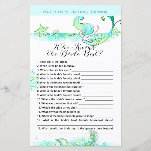 Lámina Aqua Mermaid Bridal Shower Game (Anverso)
