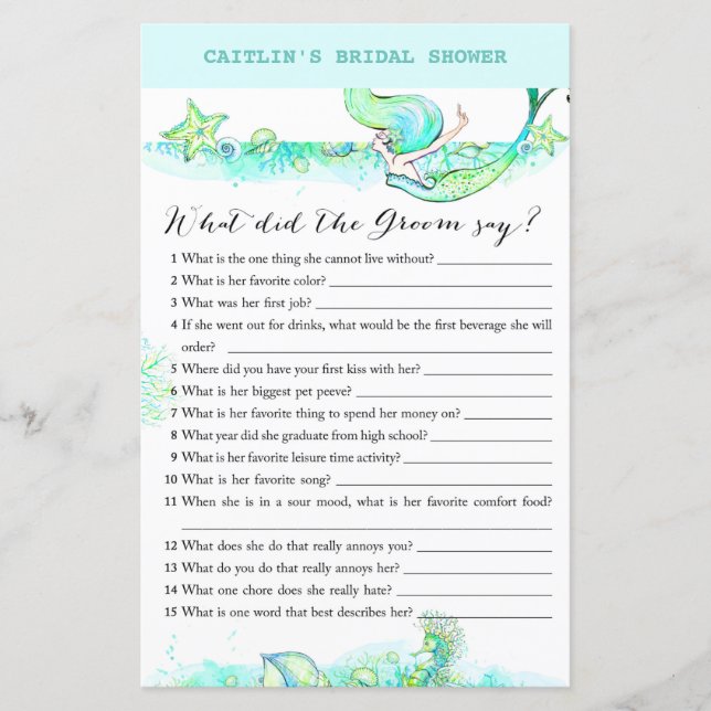 Lámina Aqua Mermaid Bridal Shower Game (Anverso)