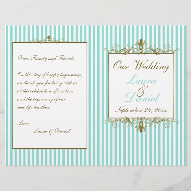 Lámina Aqua, White Stripes Gold Scrolls Wedding Program (Anverso)