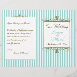 Lámina Aqua, White Stripes Gold Scrolls Wedding Program