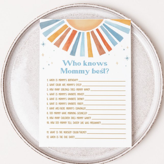 Lámina Aquí viene el hijo Baby Shower que conoce mejor ju (Boho Sunshine Baby Shower Who knows Mommy Best Game)