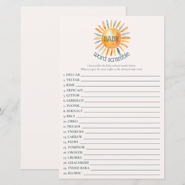 Lámina Aquí viene el juego de sondeos de palabras de Baby (Anverso / Reverso)