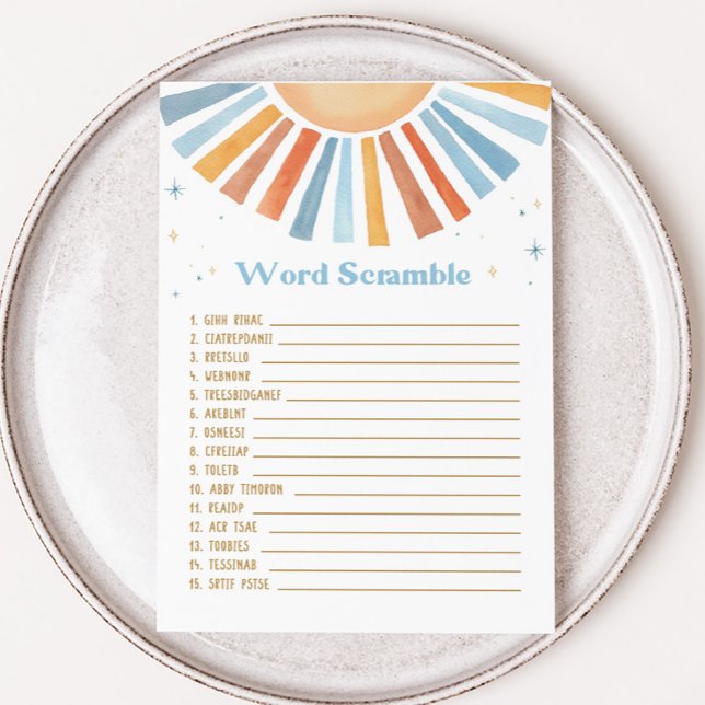 Lámina Aquí viene el juego de sondeos de palabras de Baby (Boho Sunshine Baby Shower Word Scramble Game)
