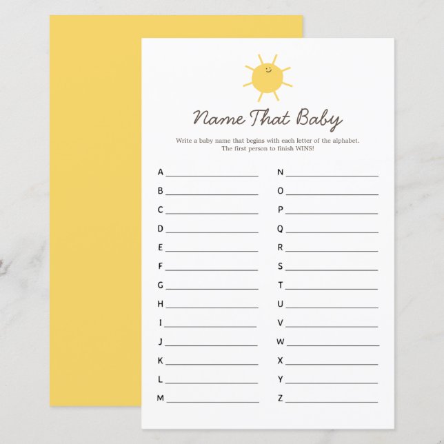 Lámina Aquí Viene El Nombre De Baby Shower De Sun Que Es  (Anverso / Reverso)