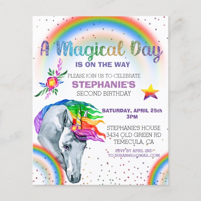 Lámina Arcoíris Mágico Unicornio Glitter Acuarela (Anverso)