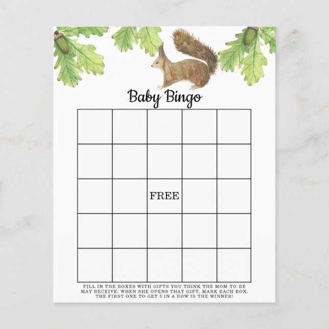 Lámina Ardilla - Juego de bingo para ducha de bebé (Anverso)