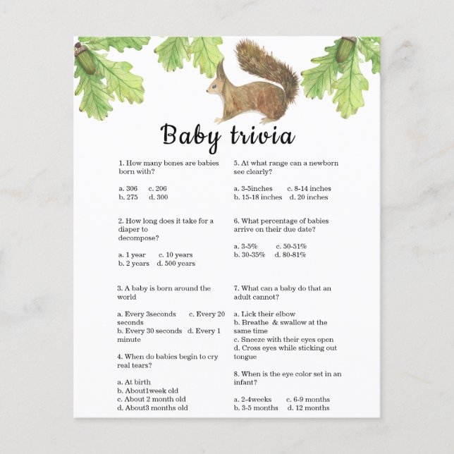 Lámina ardilla - Trivia para bebés | Juego Baby Shower (Anverso)
