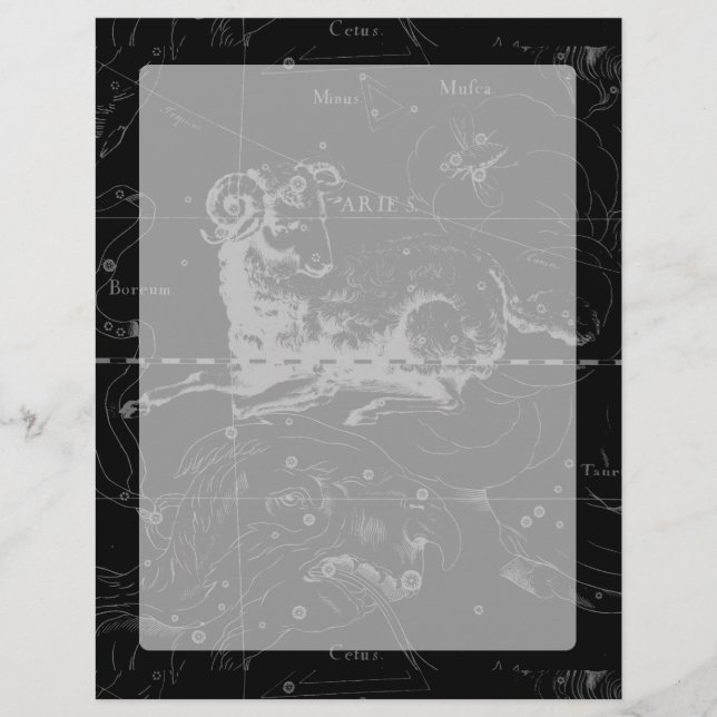 Lámina Aries Constellation Hevelius Vintage sobre negro (Anverso)