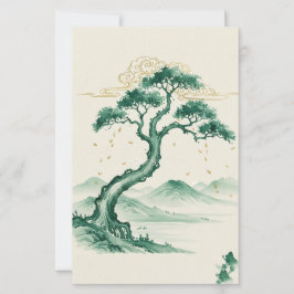 Lámina Arte de tinta Sumi-e de lavado verde y dorado