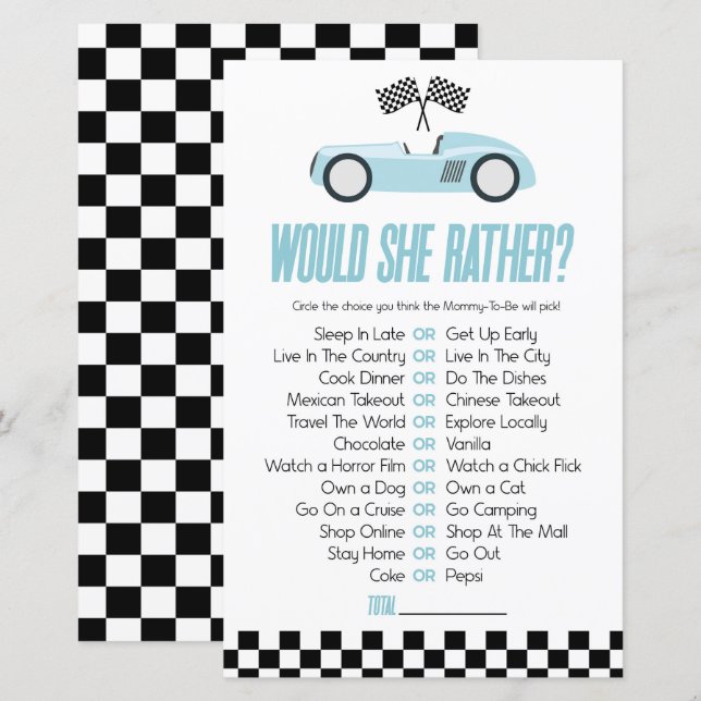 Lámina Auto De Carrera Azul Prefiere Un Juego De Baby Sho (Anverso / Reverso)