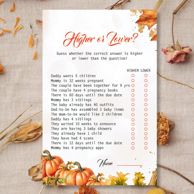 Lámina Autumn Harvest Higher or Lower Baby Shower Game (Subido por el creador)