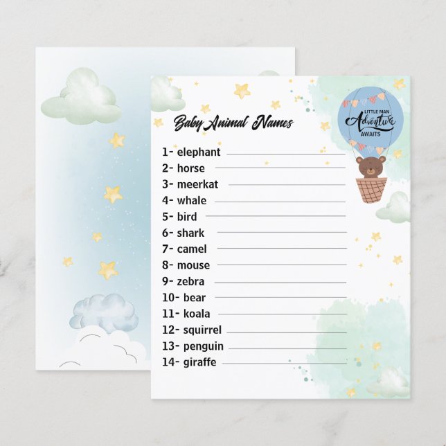 Lámina aventura espera Bear divertido ducha bebé juego de (Anverso / Reverso)