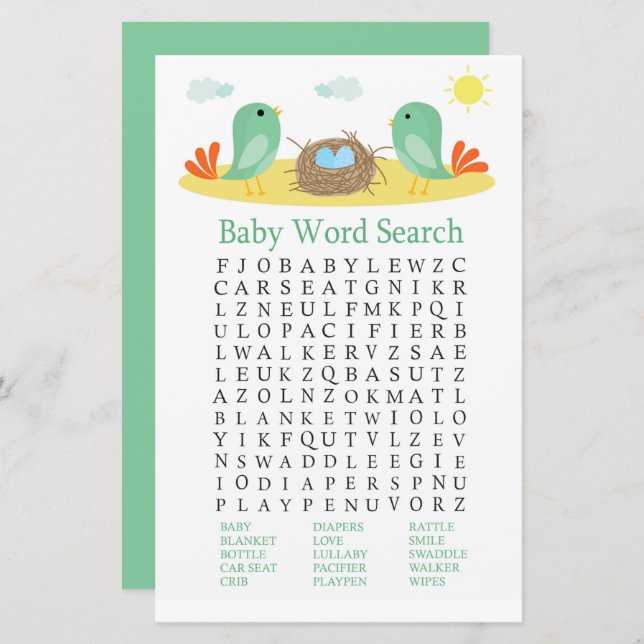 Lámina Aves y anidar el juego de búsqueda de palabras de  (Anverso / Reverso)