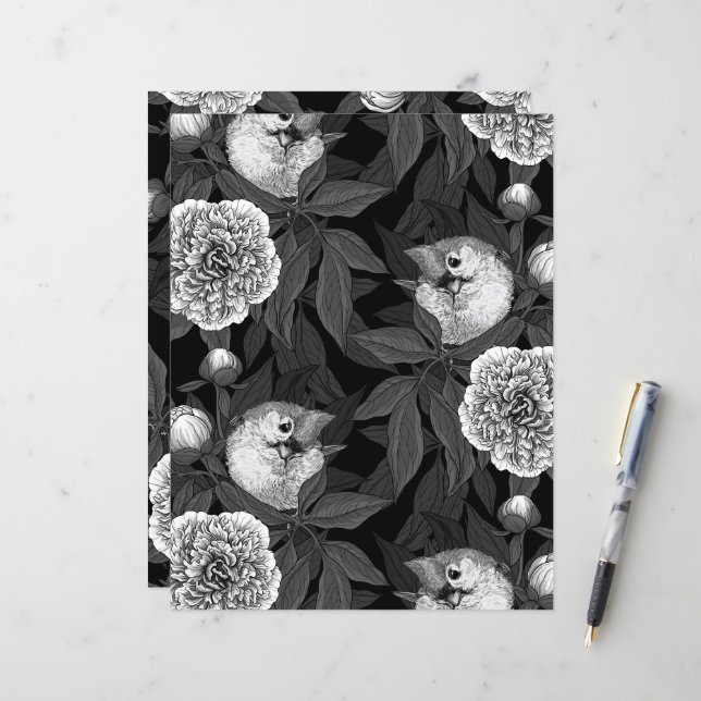 Lámina Aves y flores de peonía monocromas, grises (Anverso/Reverso In Situ)