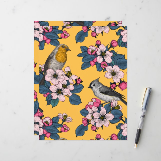 Lámina Aves y flores en amarillo (Anverso/Reverso In Situ)