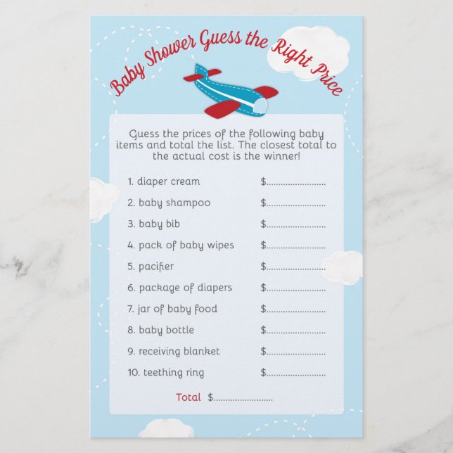 Lámina Avión Baby Shower Adivinar Precio Correcto (Anverso)