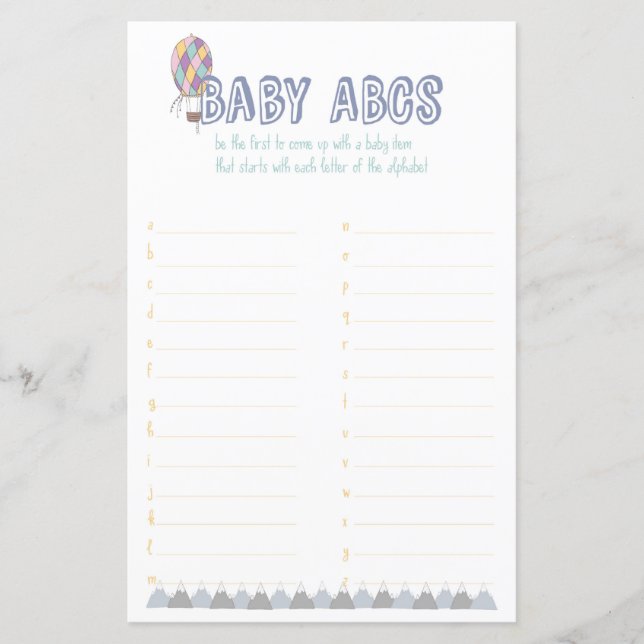 Lámina Baby ABC Adventure Baby Shower Game (Anverso)