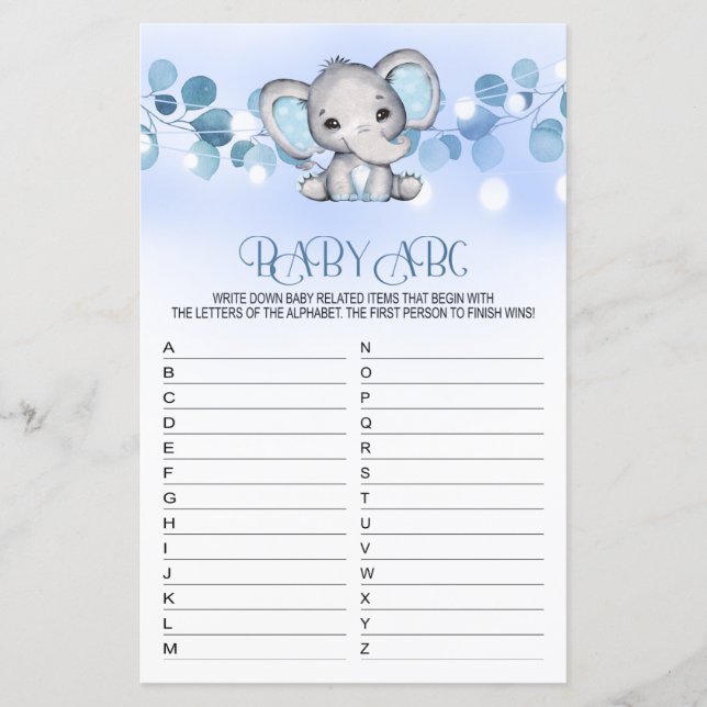 Lámina Baby ABC Baby Shower Game BLUE ELEPHANT (Anverso)
