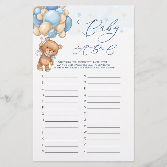 Lámina Baby Alphabet ABC Game Teddy Bear Baby Shower (Anverso)