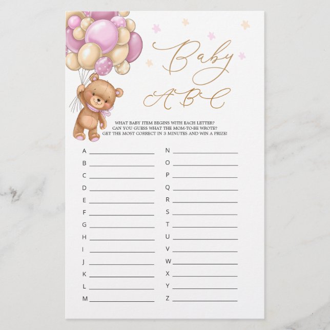 Lámina Baby Alphabet ABC Game Teddy Bear Baby Shower (Anverso)
