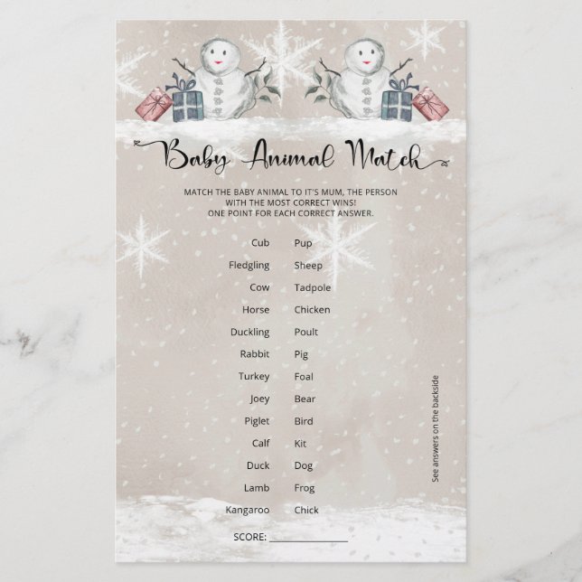 Lámina Baby Animal Match Snowman Baby Shower (Anverso)